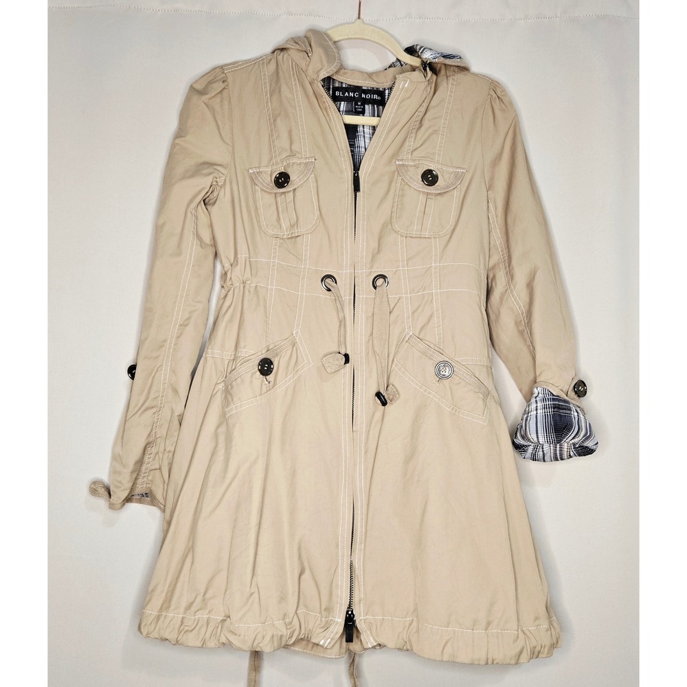Blanc Noir Hooded Trench Coat Tan Drawstring Waist Plaid Lining Women's M